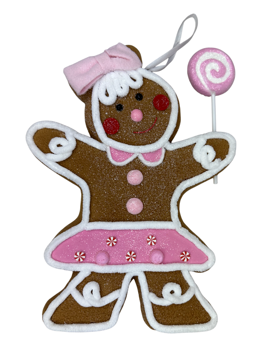 Orn Gingerbread Girl H10xW8.5xD1.5-Brown/Pink-86498BNPK