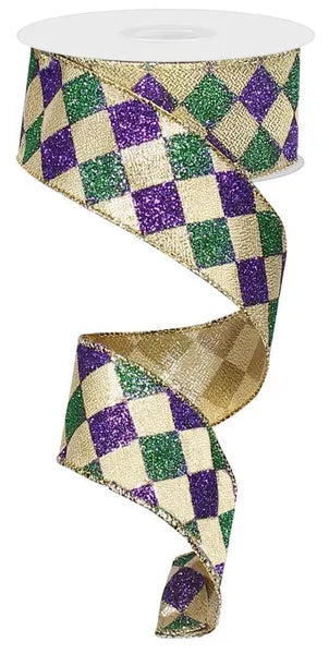 1.5" x 10yd Glitter Diamond Check-Mardi Gras-RG1929WY