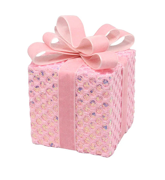 6.75"H X 4.75"SQ SEQUIN/TINSEL GIFT BOX- PINK/IRIDESCENT- XC8374ET