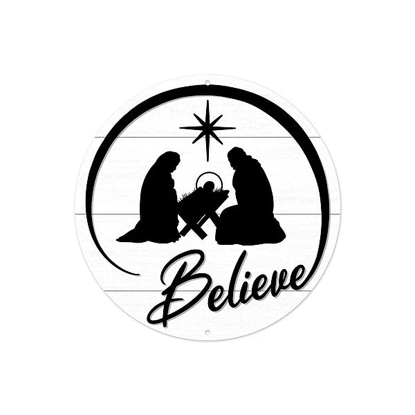 8"DIA METAL BELIEVE W/NATIVITY SCENE- BLACK/WHITE- MD0970