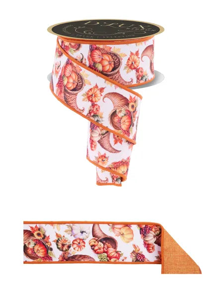 2.5" x 10yd Fall Cornucopias/Fused-Ivory/Orange/Brown-LX110730
