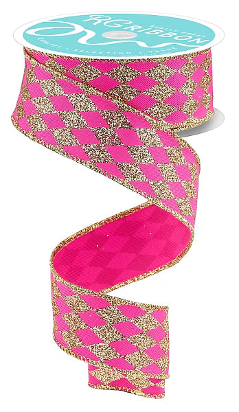 1.5"X10YD GLITTER HARLEQUIN- FUCHSIA/GOLD- RGH151407