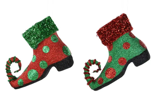 8.75"L x 6.25"H Elf Shoe Ornament-2 Asst-Emrd/Red, Red/Emrd- XJ5191