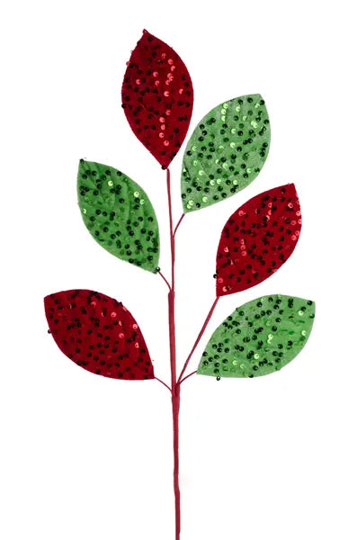 28"L Sequin Velvet Magnolia Leaf Spray-Red/Lime Green-XS249431