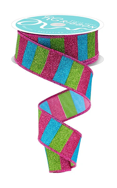 1.5"X10YD HORIZONTAL GLITTER STRIPES- HOT PINK/LIME/TURQ- RGF1618YA