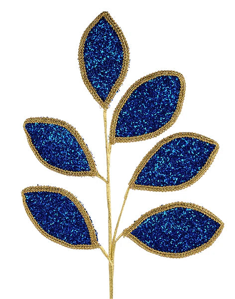 28"L VGLITTER/LACE LEAF SPRAY, X6 LEAVES- ROYAL BLUE/GOLD- XS249925