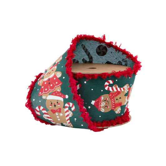 2 1/2" X 10 YD Wired Ribbon | Gingerbread Man/Candy Cane with Fuzzy Edge-RED/EM GREEN/BROWN-9643W-589-63E