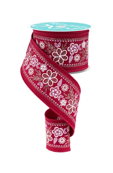 2.5" x 10yd Floral Trim-Wine/Ivory/White/Champ-RGF155272