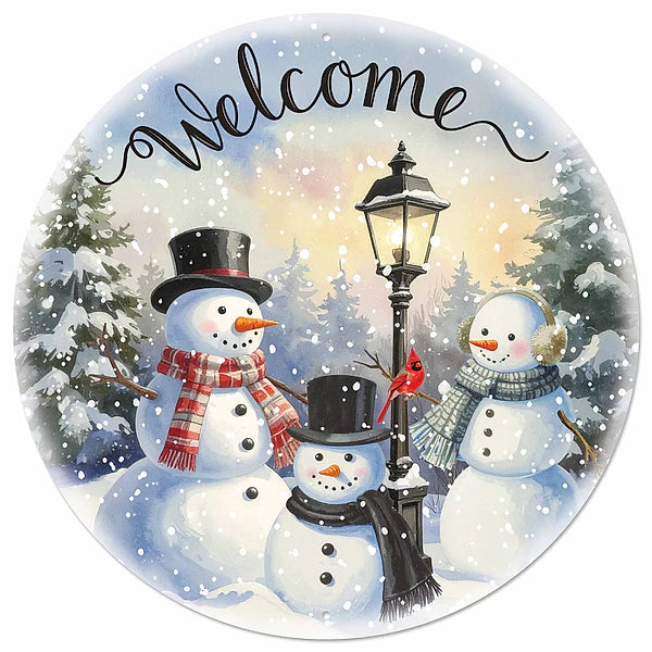 12"DIA "WELCOME" W/SNOWMAN SIGN- WHITE/GREEN/BLUE GREY- MD1897