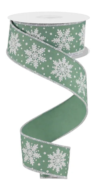 1.5" x 10yd Snowflakes-Sage Green/White-RGE1974H2