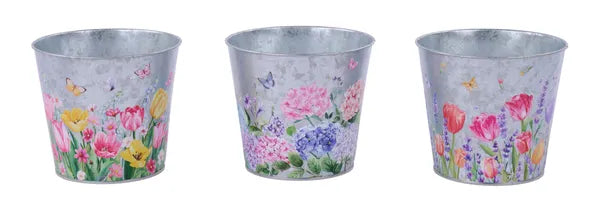 5"DIA FLOWERS TIN POT COVER- GALVANIZED/PINK/PRPL/YLW -KE2914