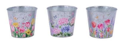 5"DIA FLOWERS TIN POT COVER- GALVANIZED/PINK/PRPL/YLW -KE2914