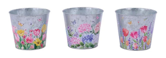 5"DIA FLOWERS TIN POT COVER- GALVANIZED/PINK/PRPL/YLW -KE2914