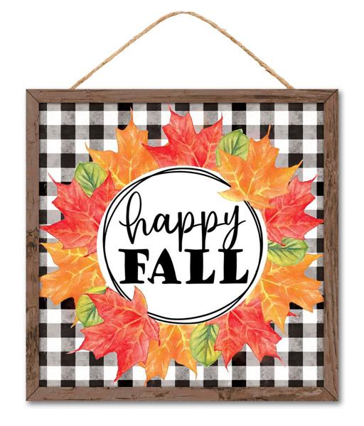 10"square Happy Fall with Leaves Wreath Sign