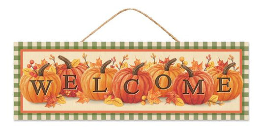 15"LX5"H WELCOME W/PUMPKINS SIGN - MOSS GREEN/MULTI - AP7231
