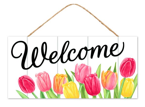 12.5"L X 6"H WELCOME WITH TULIPS SIGN - WHITE, BLACK, PINK, YELLOW, GREEN - AP7254