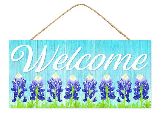 12.5"H X 6"L WELCOME W/BLUEBONNETS SIGN - ICE BLUE/INDIGO/WHITE - AP7267