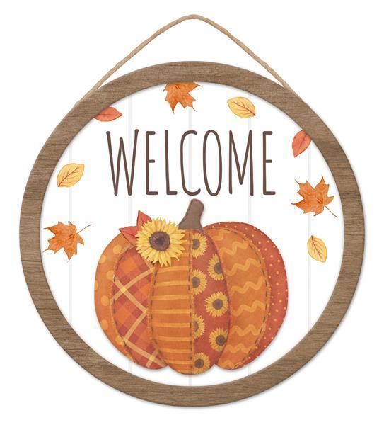 10.5"DIA WELCOME/QUILTED PUMPKIN SIGN WHITE/ORANGE/BROWN - AP7321