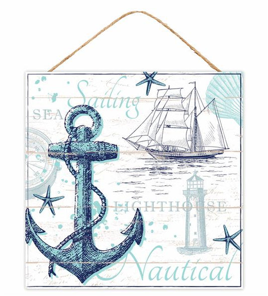 10"SQ NAUTICAL COLLAGE SIGN - WHITE/BLUE - AP7324