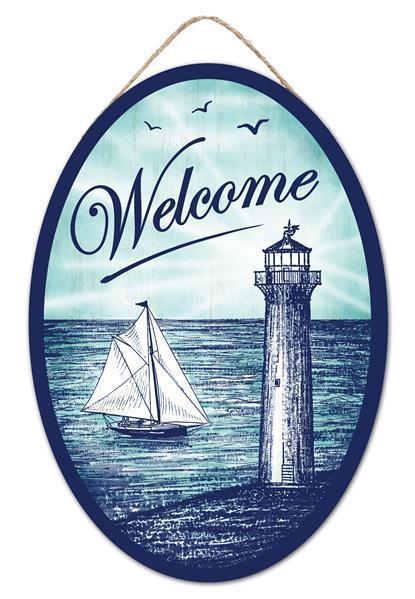 13"HX9"L WELCOME W/LIGHTHOUSE OVAL SIGN - AP7325