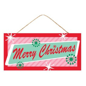 12.5"L X 6"H RETRO MERRY CHRISTMAS SIGN - RED/PINK/MINT/WHITE - AP7336