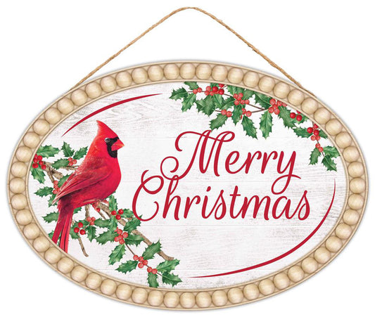 13"L X 9"H MERRY CHRISTMAS/CARDINAL SIGN -WHITE/RED/GREEN - AP7337