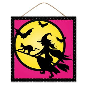 10"SQ MDF WITCH FLYING SIGN - HOT PINK/YELLOW/BLACK - AP735311