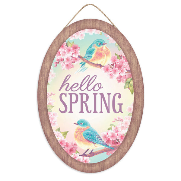 13"HX9"L HELLO SPRING W/BIRDS OVAL SIGN - BRN/PNK/TURQ/LVNDR/YLW - AP7365