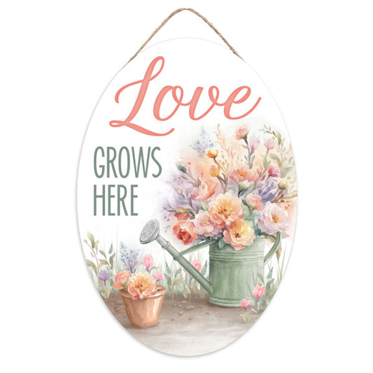 13"HX9"L MDF LOVE GROWS HERE OVAL SIGN - GRN/CORAL/TERRACOTTA/WHT - AP7366