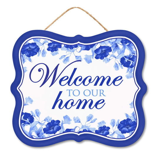 10.5"LX9"H MDF WELCOME TO OUR HOME SIGN - ROYAL BLUE/LT BLUE/WHT - AP736725