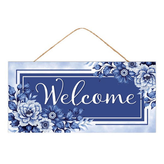 12.5"L X 6"H WELCOME W/FLORALS SIGN - BLUE/WHITE - AP738181