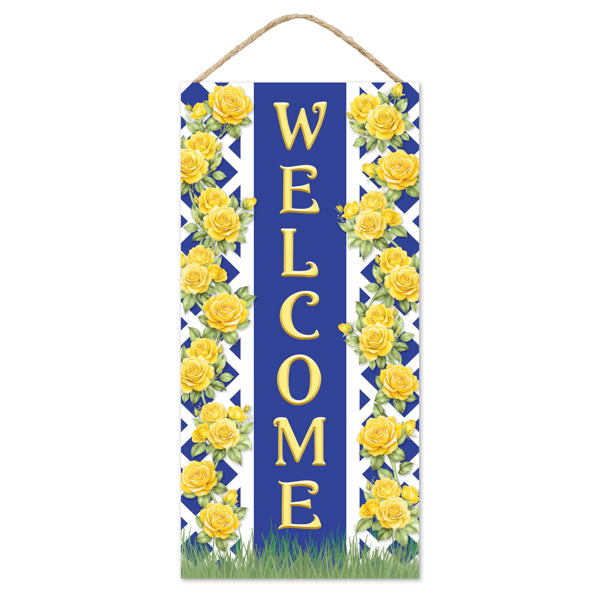 12.5"H X 6"L WELCOME WITH ROSE TRELLIS SIGN - ROYAL BLUE, YELLOW, WHITE - AP738280