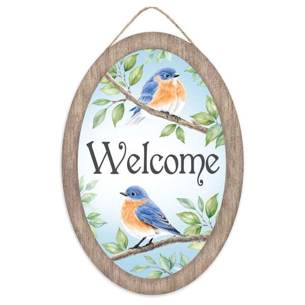 13"H X 9"L WELCOME W/BLUE BIRDS SIGN - PALE BLUE/BROWN/WHITE - AP7383