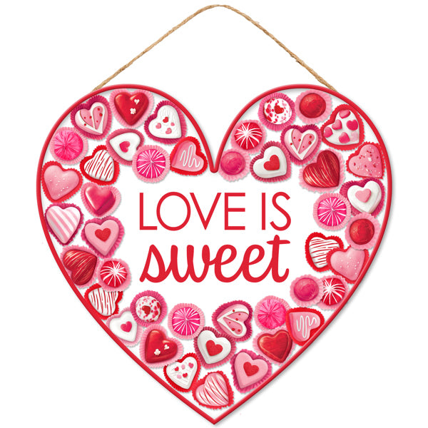 12"L LOVE IS SWEET HEART SHAPED SIGN - PINK/RED/WHITE - AP7385