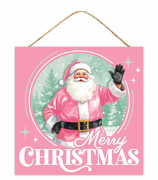 10"SQ MDF MERRY CHRISTMAS/SANTA CLAUS- PINK/MINT/WHITE- AP7469K6