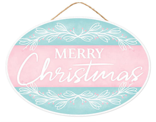 13"L X 9"H MERRY CHRISTMAS OVAL SIGN - PINK/ICE BLUE/WHITE - AP786963