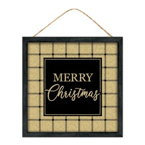 10"SQ GLITTER PLAID MERRY CHRISTMAS SIGN - BLACK/GOLD - AP7875