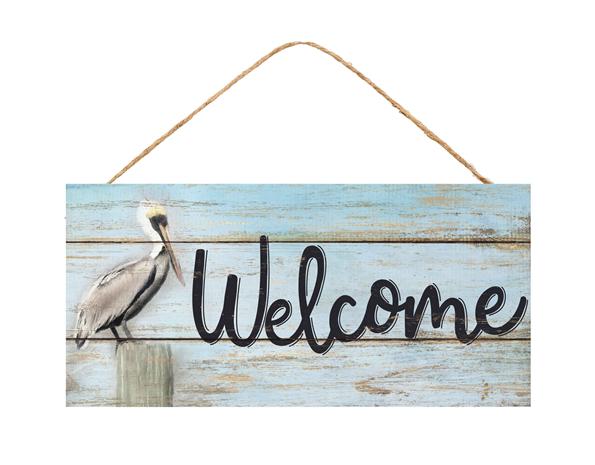 12.5"L X 6"H WELCOME W/PELICAN SIGN - LIGHT BLUE/BLACK - AP8117