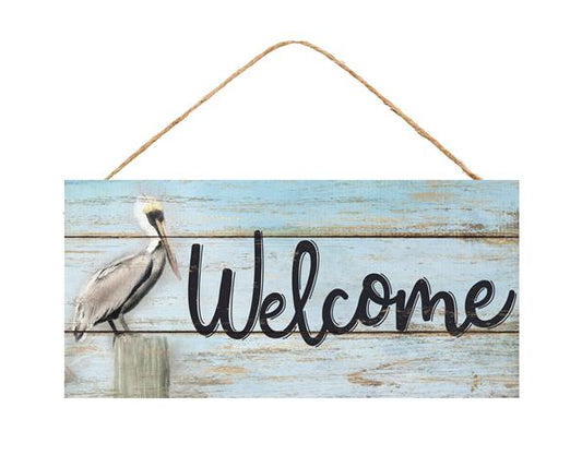 12.5"L X 6"H WELCOME W/PELICAN SIGN - LIGHT BLUE/BLACK - AP8117