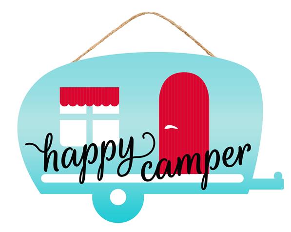 12"L X 7.75"H HAPPY CAMPER SIGN - VINTAGE BLUE/RED/WHITE - AP8570