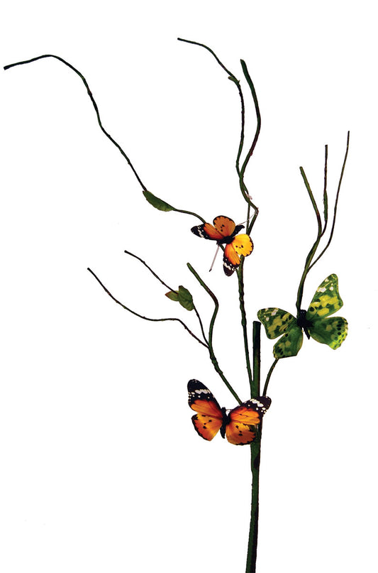 20" TWIG BRANCH WITH 3 BUTTERFLIES 2 ORANGE & 1 GREEN - B83084F