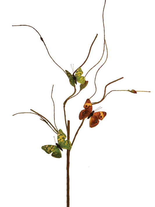 20" TWIG BRANCH WITH 3 BUTTERFLIES 2 Green & 1 Orange - B83084H