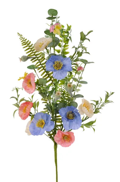 26"L POPPY/FLOWER/BERRY/LEAF/FERN SPRAY -BLUE/SALMON/YLW/PINK/GRN-FH8228E7