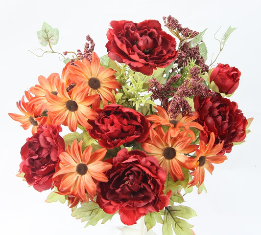 20" PEONY AND DAISY MIXED BUSH X 14  - GPB24401- - RED AND RUST