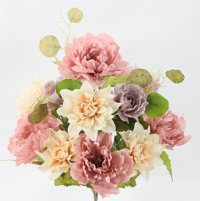 21" PEONY AND DAHLIA MIXED BUSH X 14  - GPB24407 - MAUVE AND IVORY MIX