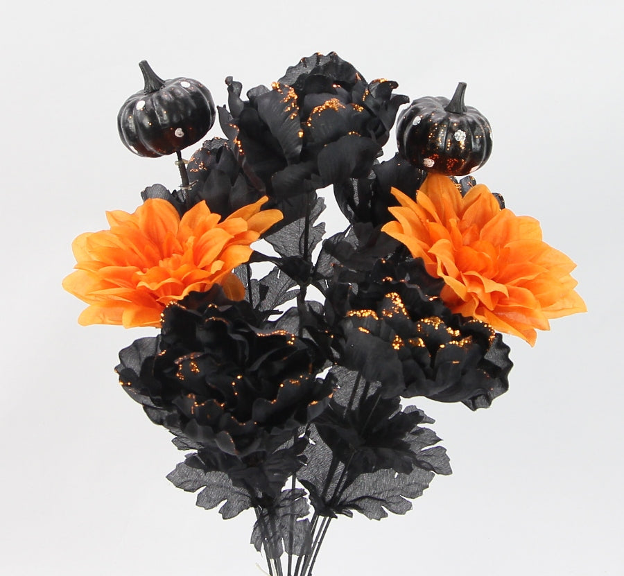 18" PEONY AND MUM WITH PUMKIN MIXED BUSH X9 - GPB24474 - BLACK AND ORANGE