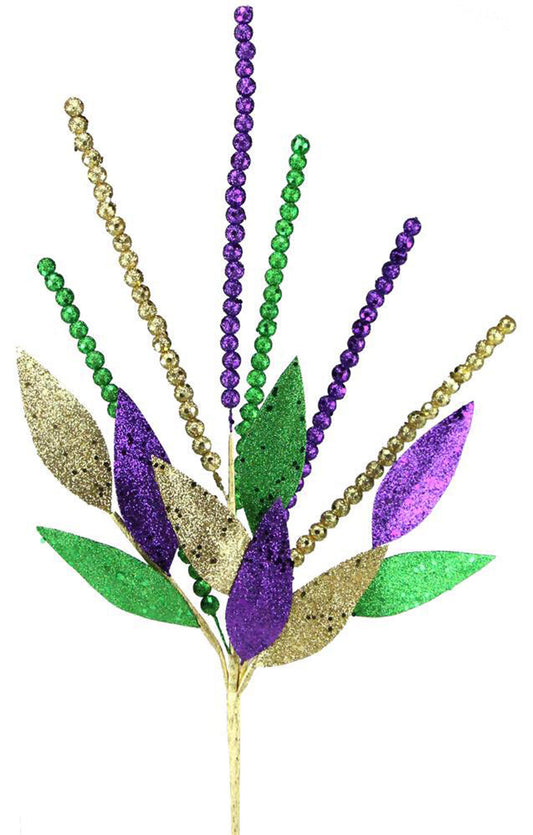 26" GLITTER BEAD LEAF SPRAY - MARDI GRAS - HG3116