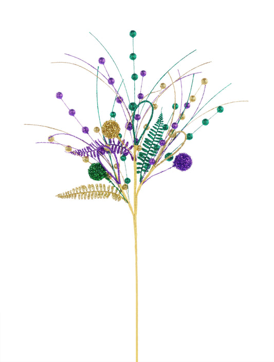 27.5"L GLITTER FERN/BALL SPRAY - MARDI GRAS - HG3283