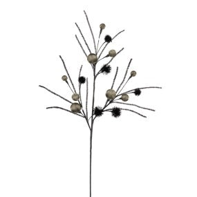 27"L BALL/TINSEL STEM/THISTLE SPRAY - METALLIC SILVER/BLACK - HH133726