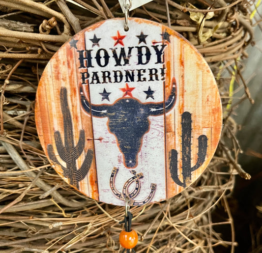 28" WESTERN-STYLE BAMBOO WIND CHIME "HOWDY PARDNER" WITH COW SKULL & CACTUS-81504-SKULL